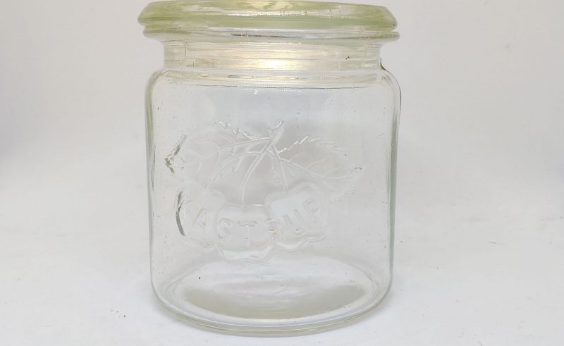 Syltekrukke i glas fra Kastrup med tilhørende låg mrk. DA (Dansk Arbejde)