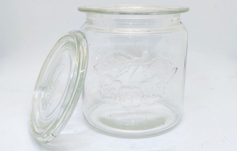 Syltekrukke i glas fra Kastrup med tilhørende låg mrk. DA (Dansk Arbejde)