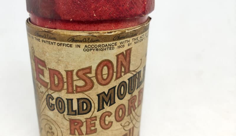 dison Gold Moulder Record. National Phonograph Co. Ltd. Clerkenwell Rd. London E.C. Voksrulle æske