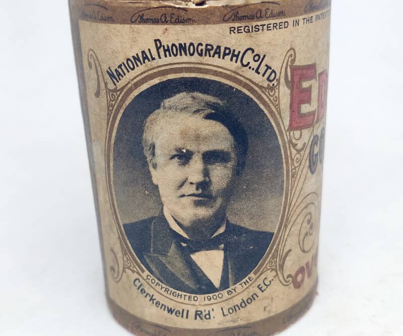 dison Gold Moulder Record. National Phonograph Co. Ltd. Clerkenwell Rd. London E.C. Voksrulle æske
