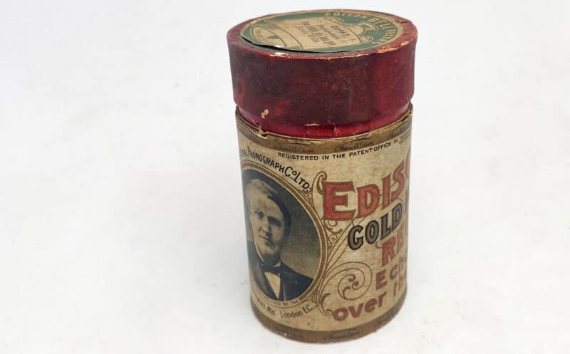 dison Gold Moulder Record. National Phonograph Co. Ltd. Clerkenwell Rd. London E.C. Voksrulle æske